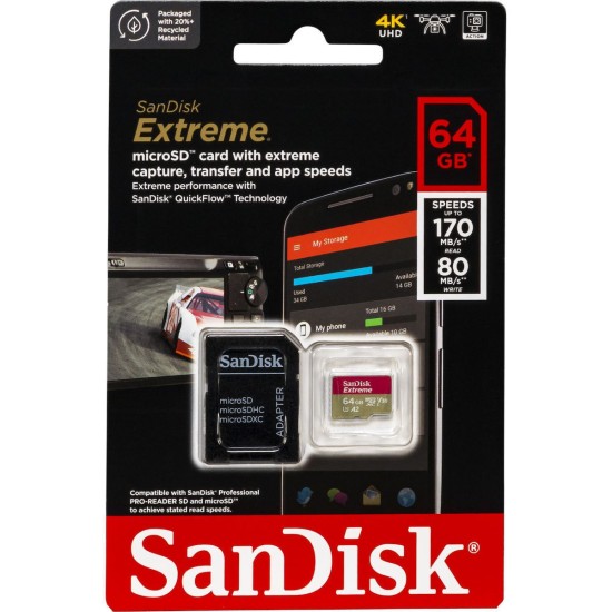 Sandisk Extreme microSDXC 64GB Class 10 U3 V30 A2 with Adapter Mobile (SDSQXAH-064G-GN6MA)
