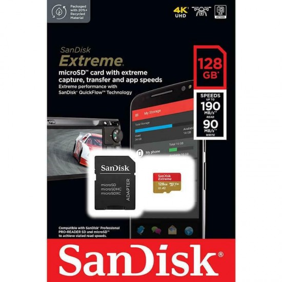 Sandisk Extreme microSDXC UHS-I 128GB Card with Adapter (SANSDSQXAA-128G-GN6MA)