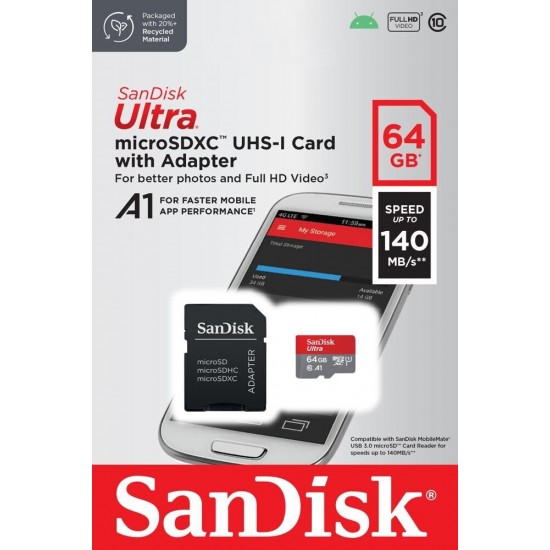 Sandisk Ultra microSDHC 64GB U1 A1 with Adapter (SDSQUAB-064G-GN6MA)